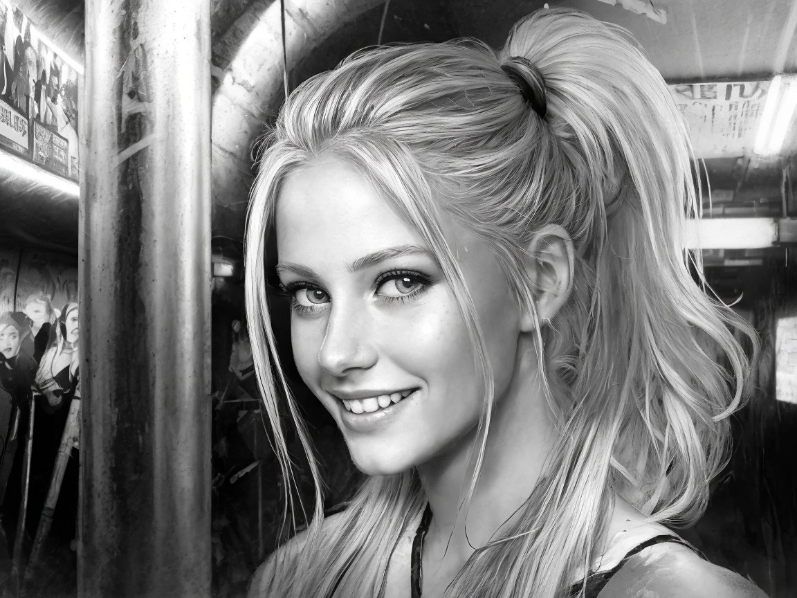 Black-and-white portrait of a smiling young woman