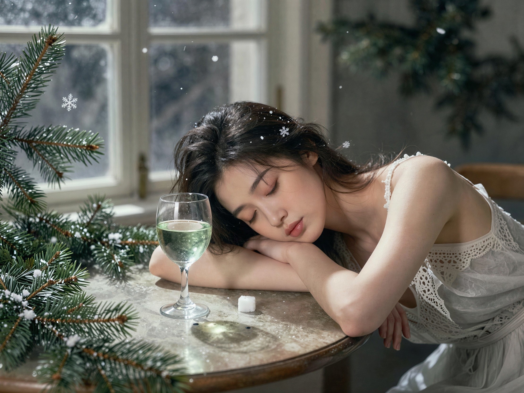 Close-Up of Young Woman Sleeping on Textured Table
