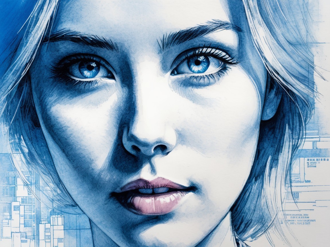Portrait of a Young Woman with Blue Eyes and Geometric Art