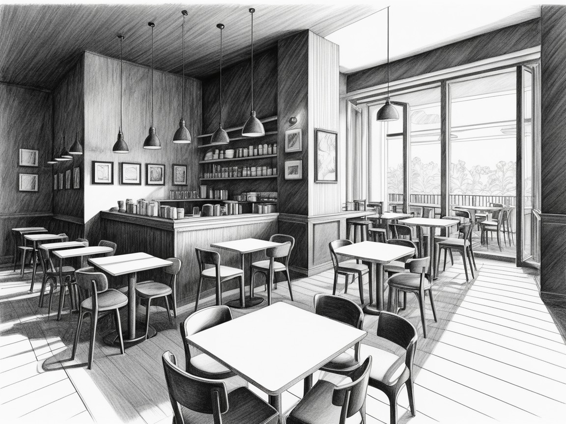 Spacious café interior with wooden tables and natural light