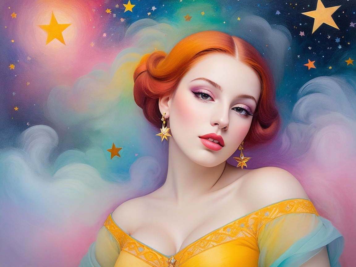 Young woman with orange curls in colorful setting