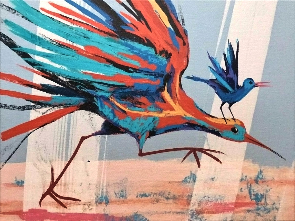 Vibrant Stylized Birds in Dynamic Motion Artwork