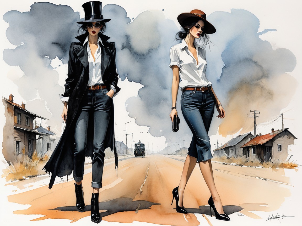 Stylish Women in Bold Fashion on Deserted Road