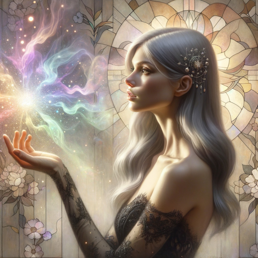 Serene Woman in Black Dress with Colorful Energy Swirl