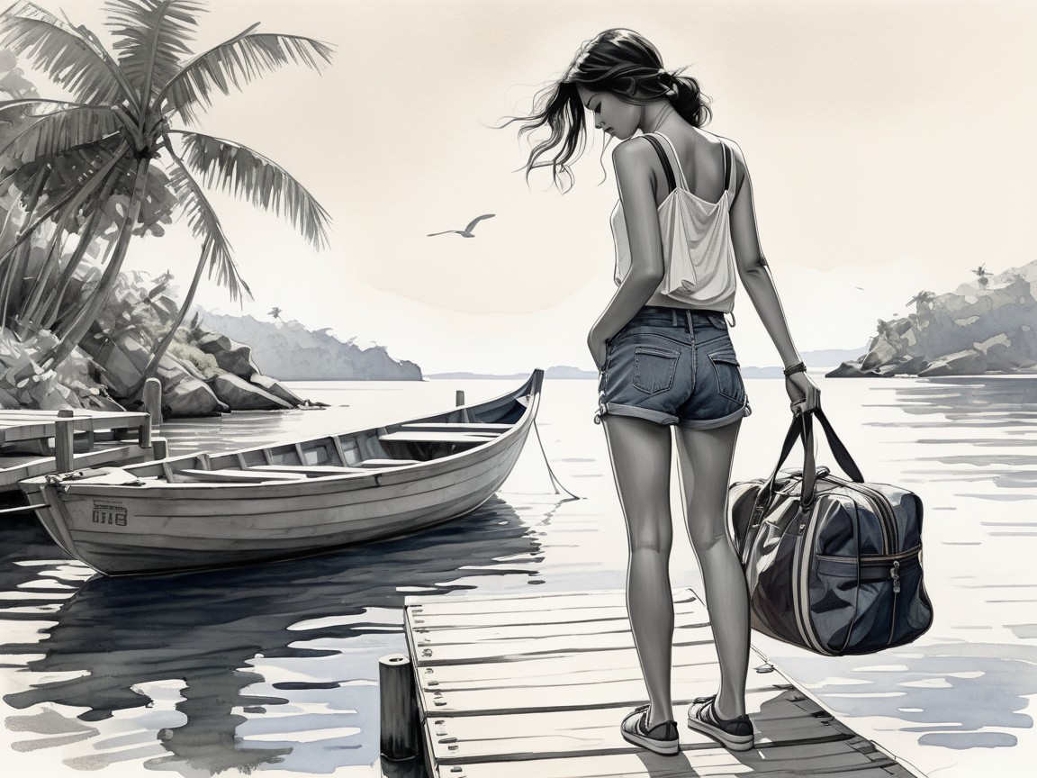 Young Woman on Dock by Calm Waters with Palm Trees