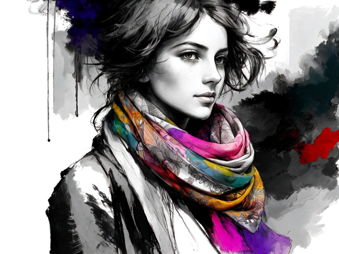 Monochrome Portrait of Young Woman with Colorful Scarf
