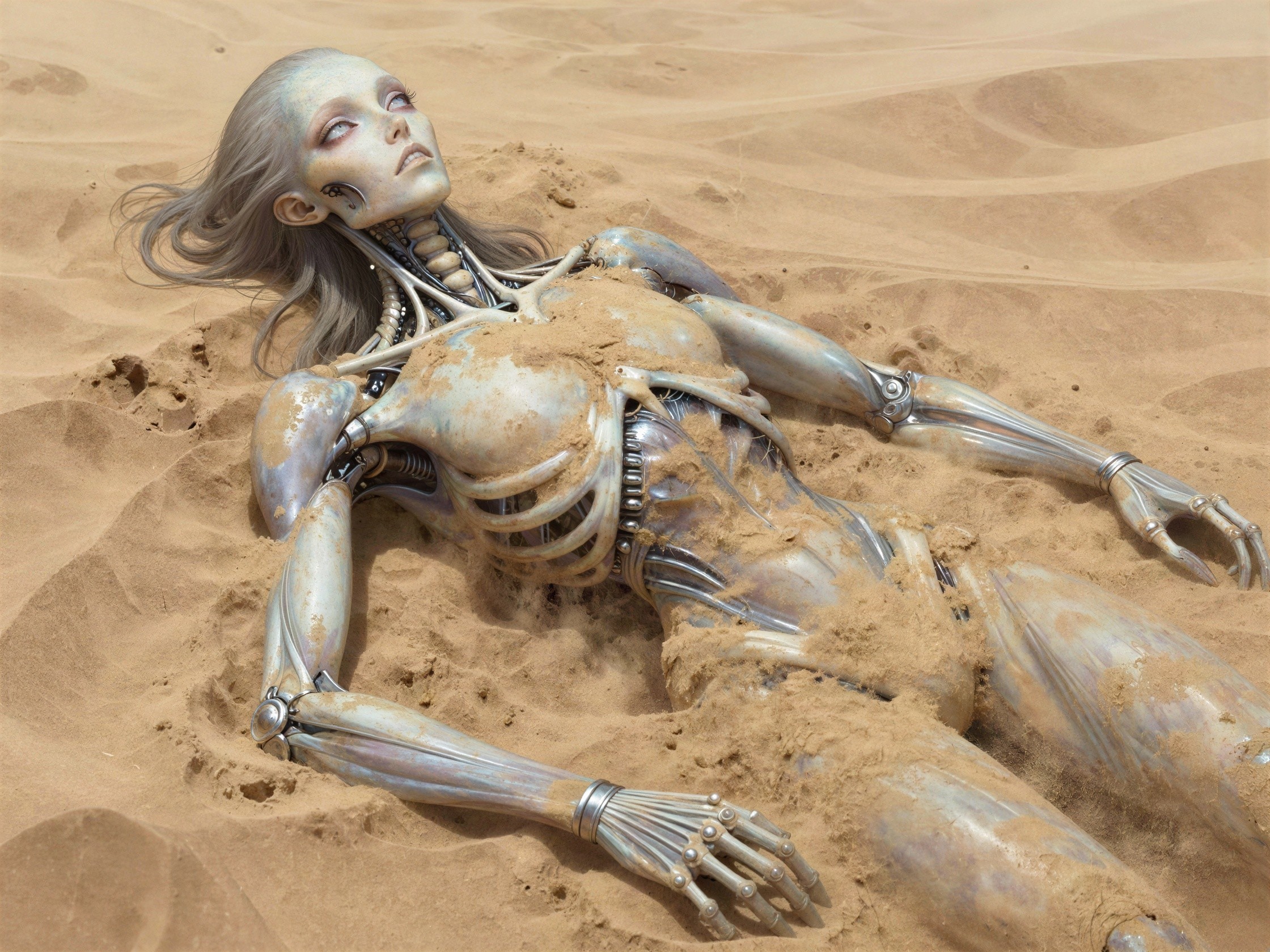 Surreal Digital Art of a Female Android in Desert Sand