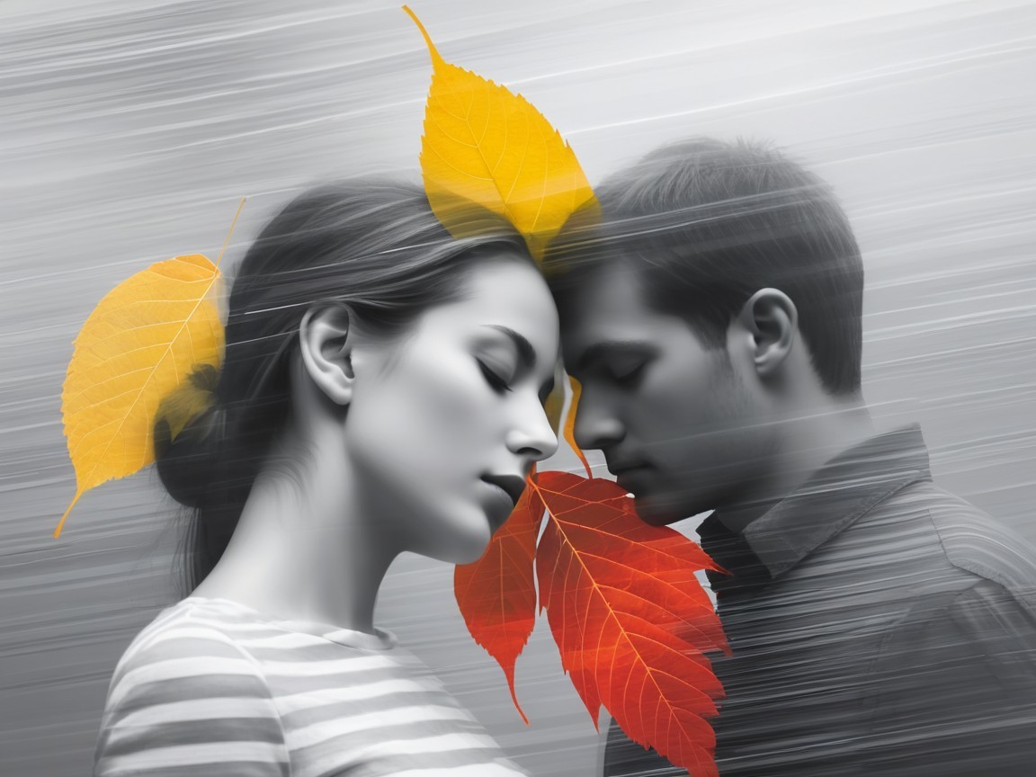 Black-and-White Portrait of Couple with Autumn Leaves