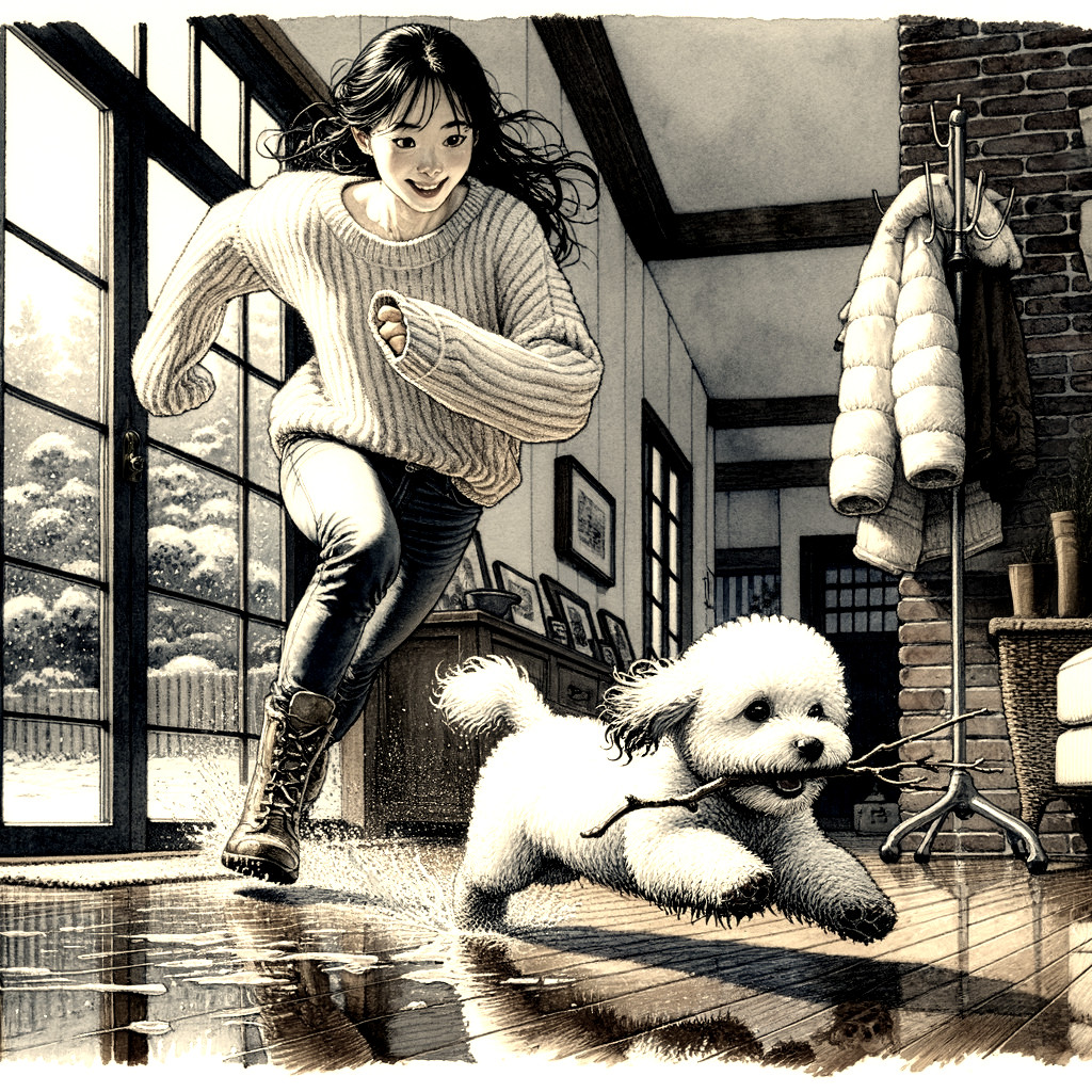 Young girl in oversized sweater playing with dog indoors