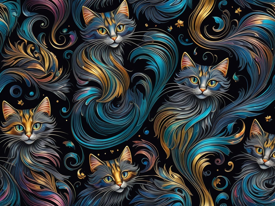 Stylized Cats in Blue and Gold with Whimsical Patterns