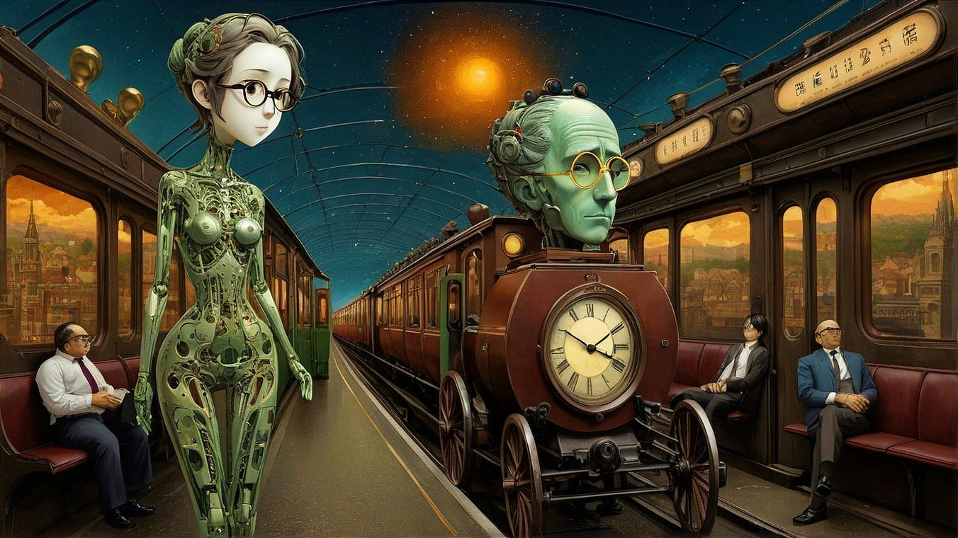 Futuristic Steampunk Subway Station with Robot and Train