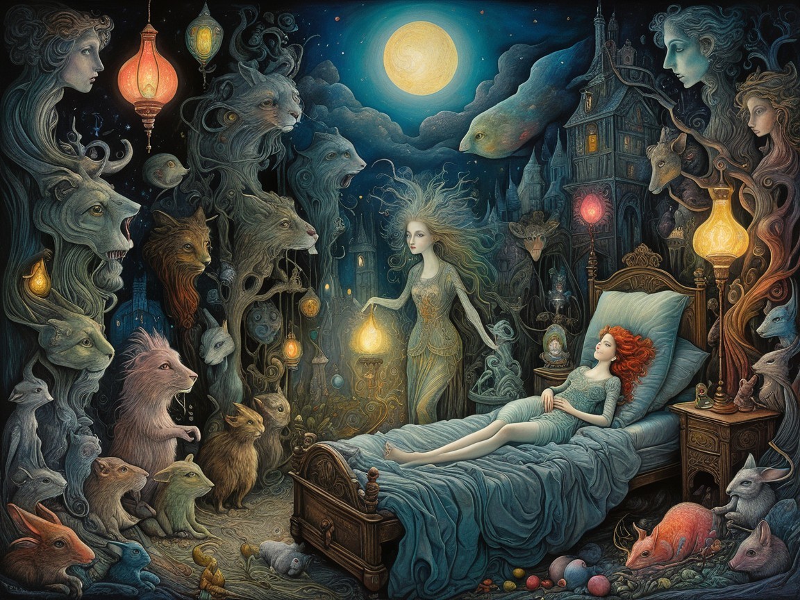 Mystical Dreamlike Scene with Ethereal Figures and Moon