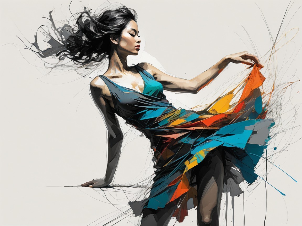 Vibrant Abstract Dress with Graceful Woman in Motion