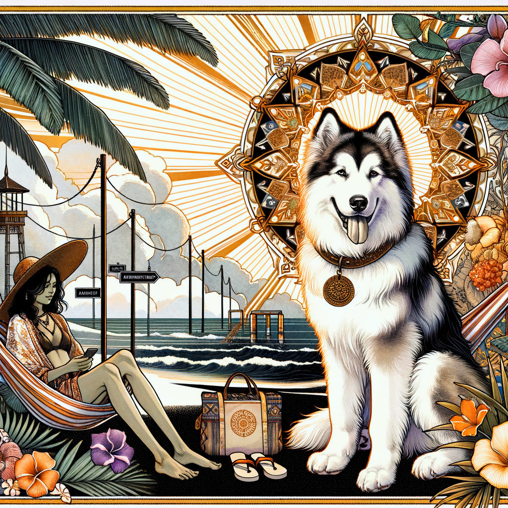 Vibrant Beach Scene with Woman, Dog, and Palm Trees