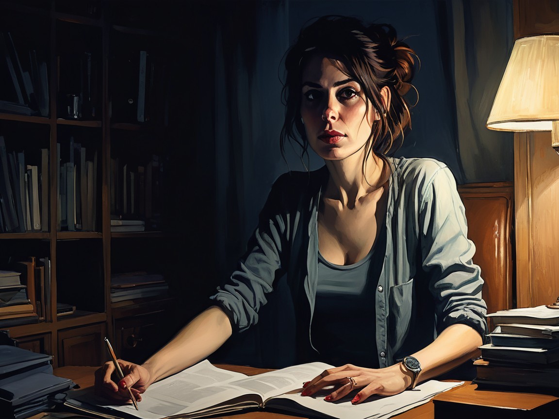 Woman Reading at a Wooden Desk in Dimly Lit Room