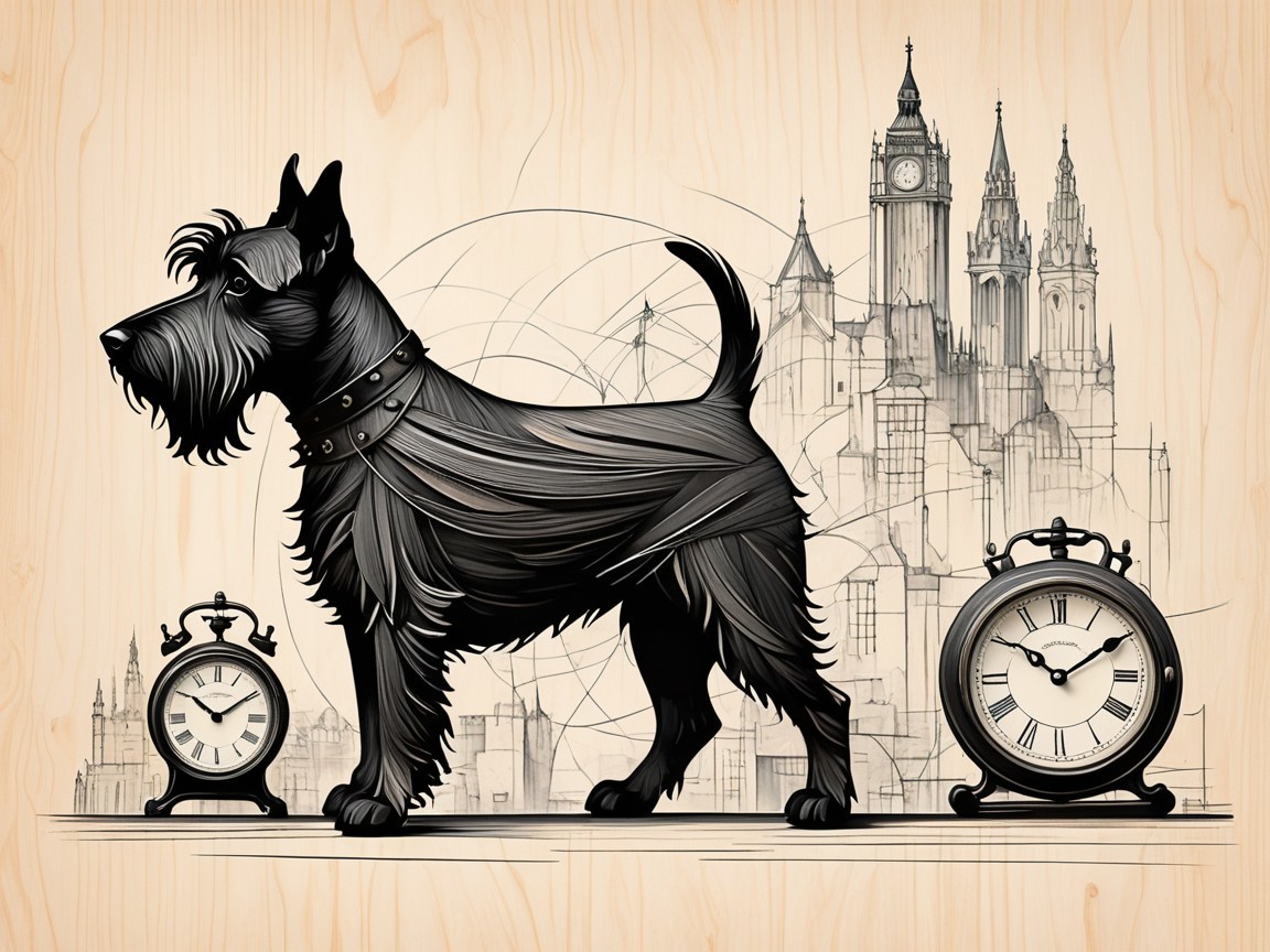 Stylized Black Dog with City Skyline and Vintage Clocks
