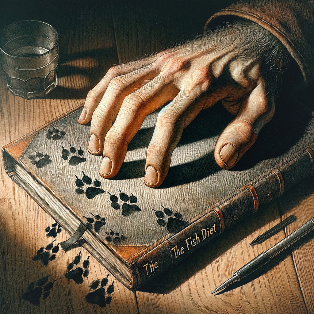 Large Hand on Book with Paw Prints and Water Glass