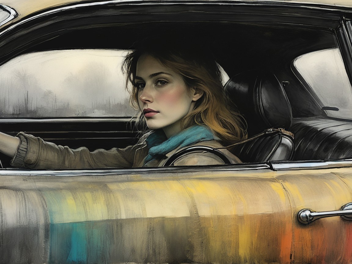 Vintage Car Scene with Woman in Warm Hues