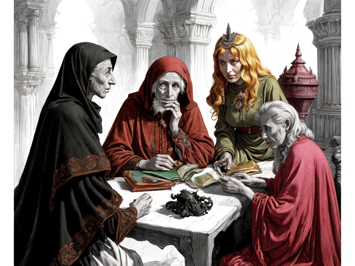 Four Women in Ancient Setting Discussing a Book