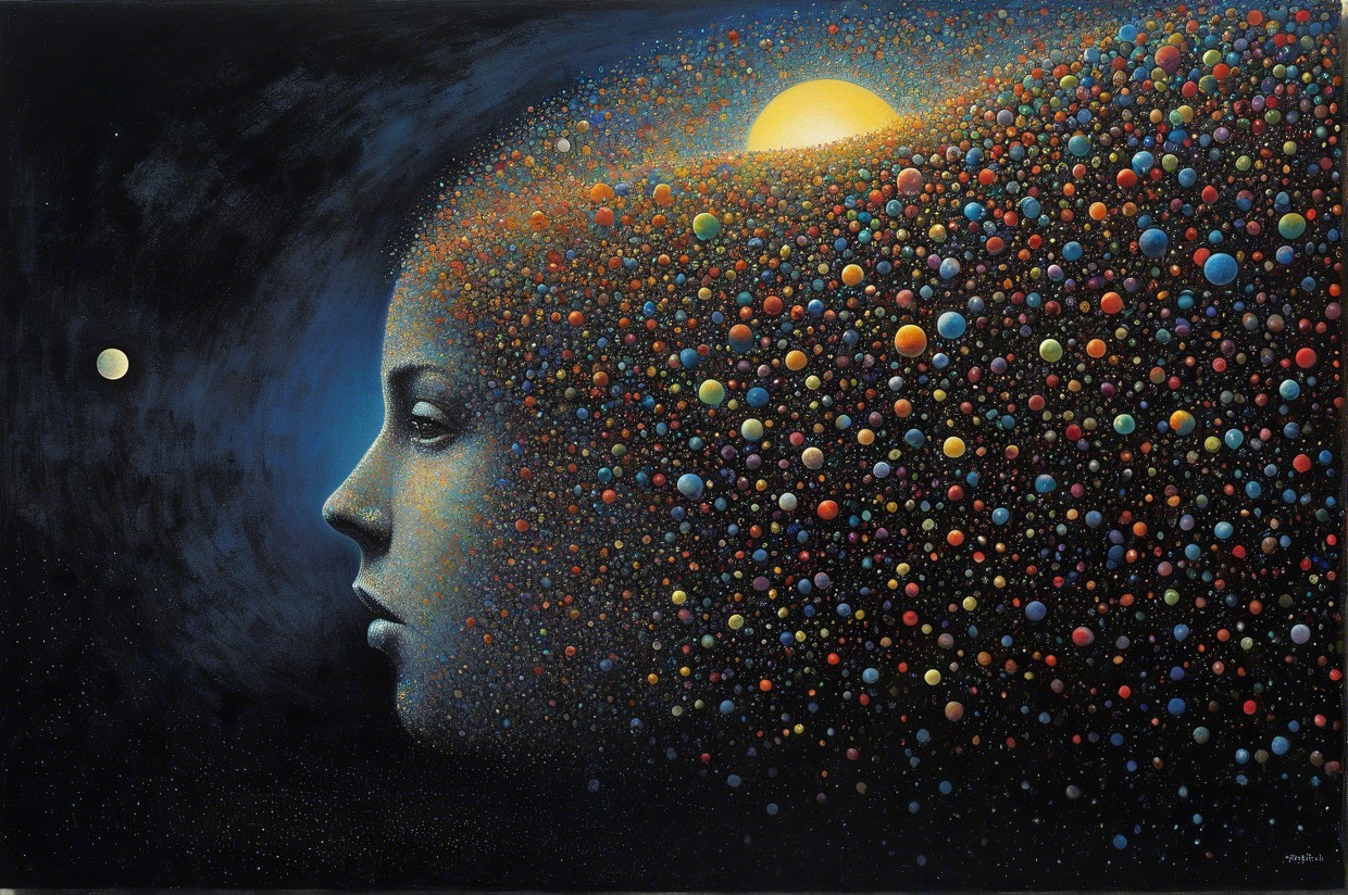 Serene Woman's Profile in Cosmic Landscape Artwork