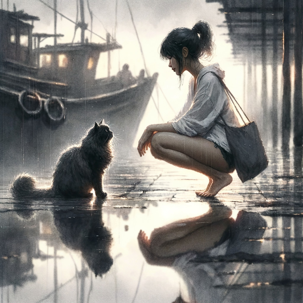 Girl and Cat on Rainy Dock with Soft Light