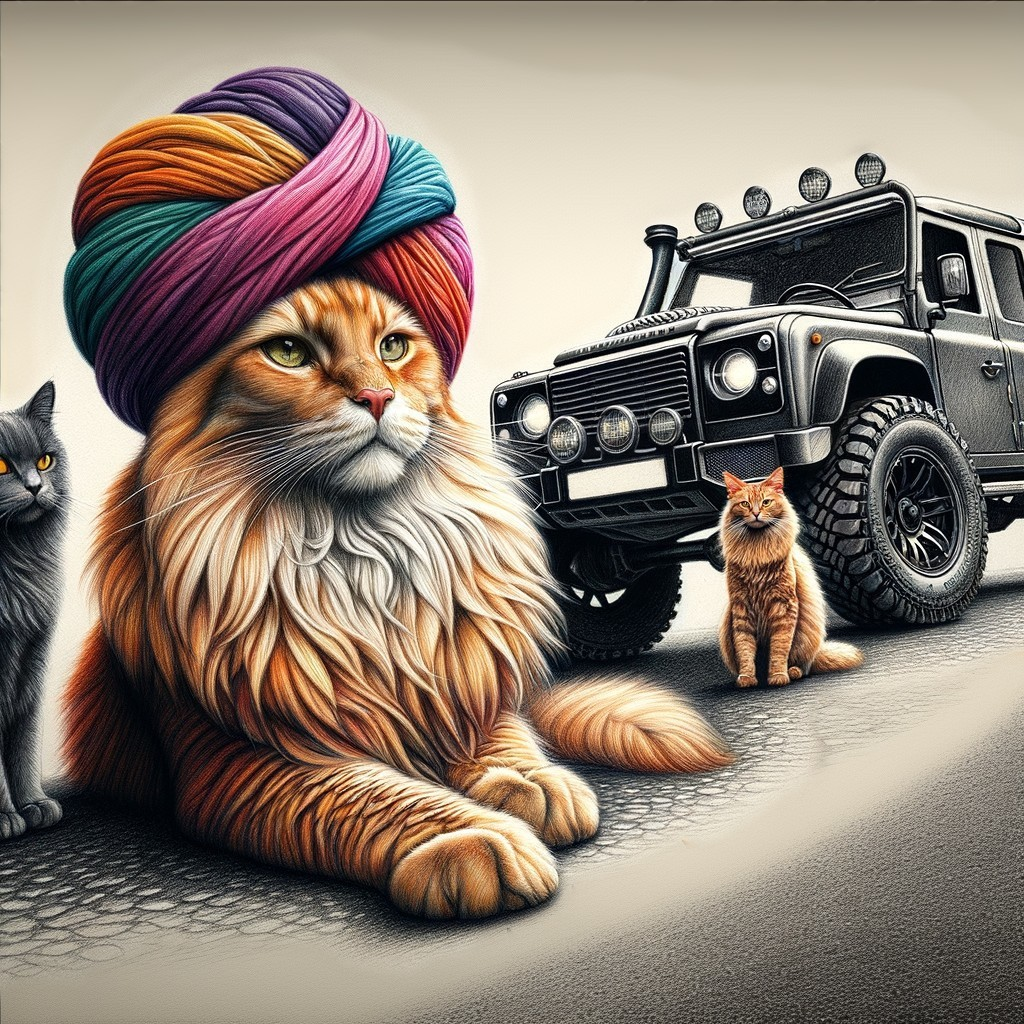 Regal Orange Cat in Turban with Other Felines and SUV