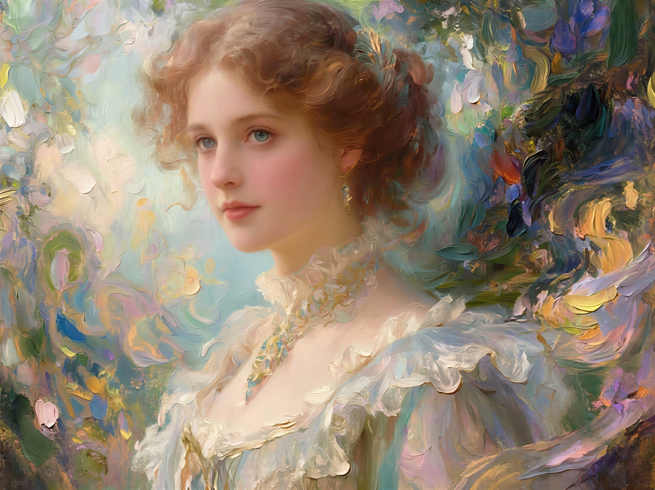 Detailed Portrait of a Young Woman in Oil Painting