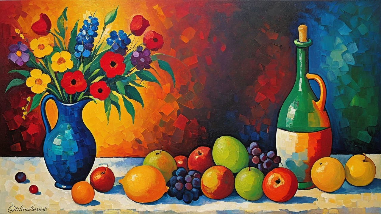 Vibrant Still Life with Flowers, Fruits, and Vases