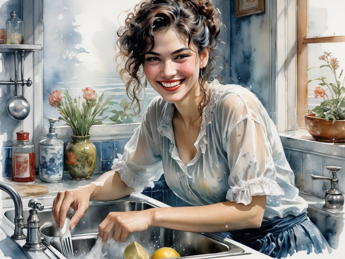 Cheerful Woman Washing Dishes in Sunlit Kitchen