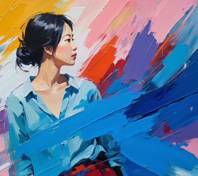 Young woman in light blue shirt with abstract background
