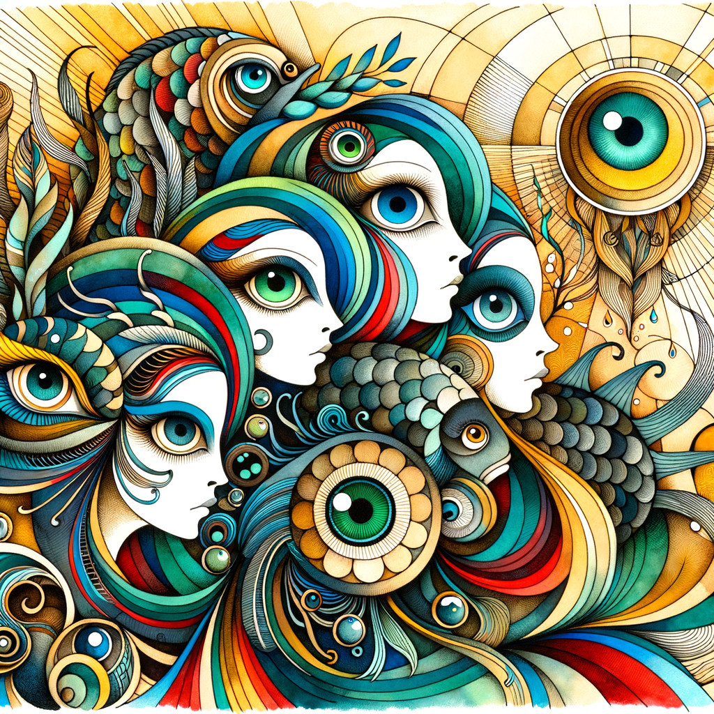 Colorful Composition of Stylized Faces and Fish