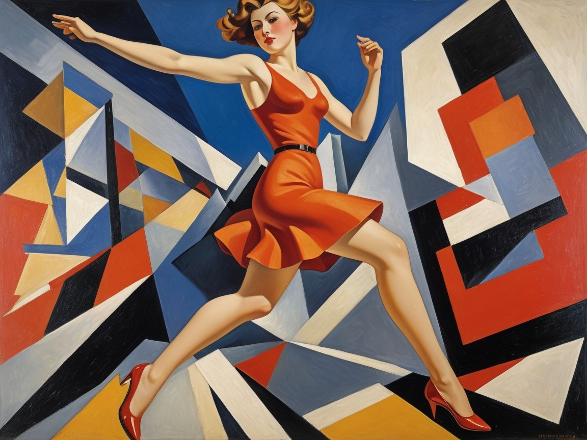 Woman in Red Dress in Abstract Geometric Landscape