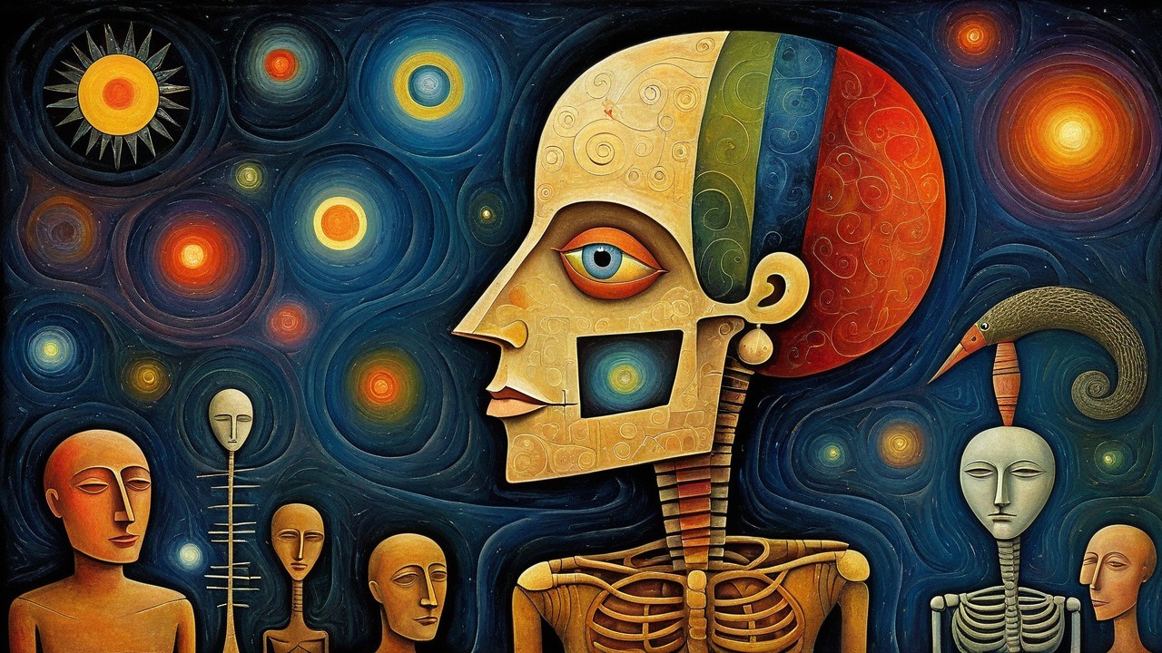 Surreal Artwork of Human Figure with Celestial Motifs