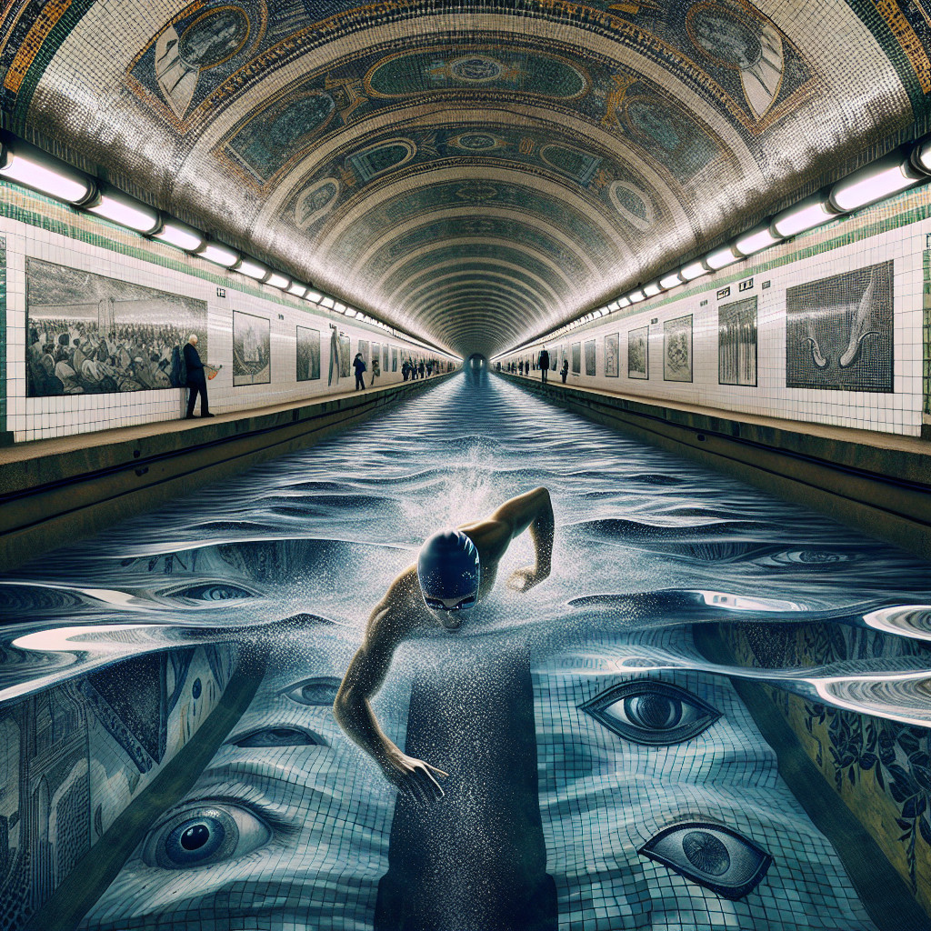 Surreal Underground Scene with Submerged Swimming Pool