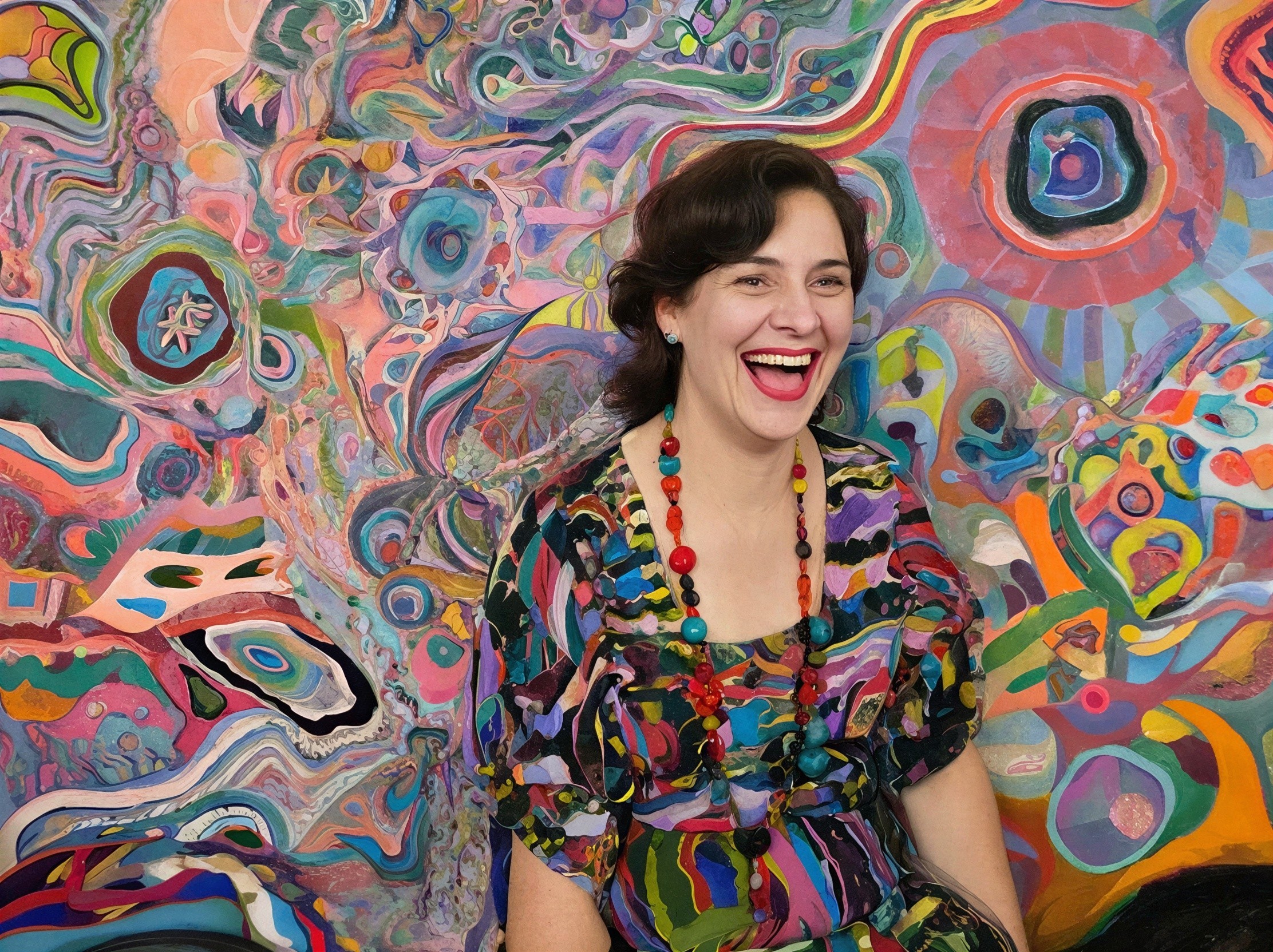 Medium Close-Up of a Grinning Woman in Abstract Setting