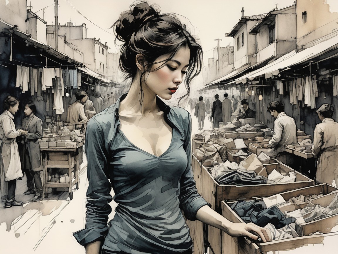 Market Scene with Young Woman and Vibrant Stalls
