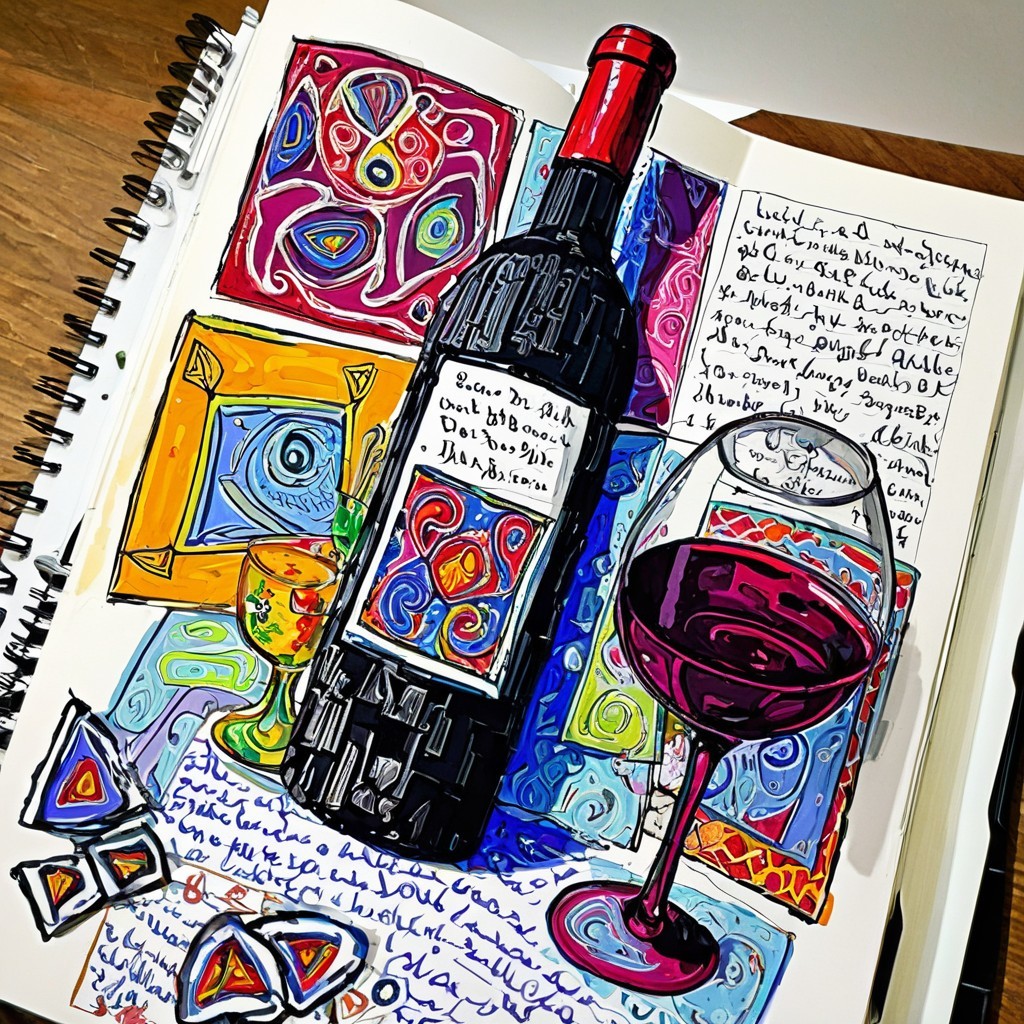 Vibrant Sketch of Wine Bottle and Glass with Abstract Art
