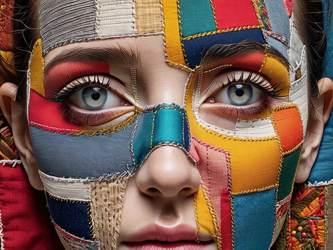 Close-up of a face with colorful fabric patches