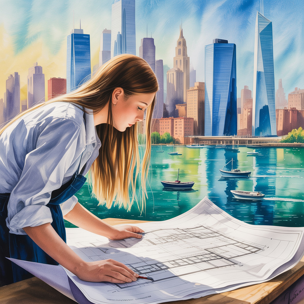 Young Woman Examining Blueprints with City Skyline