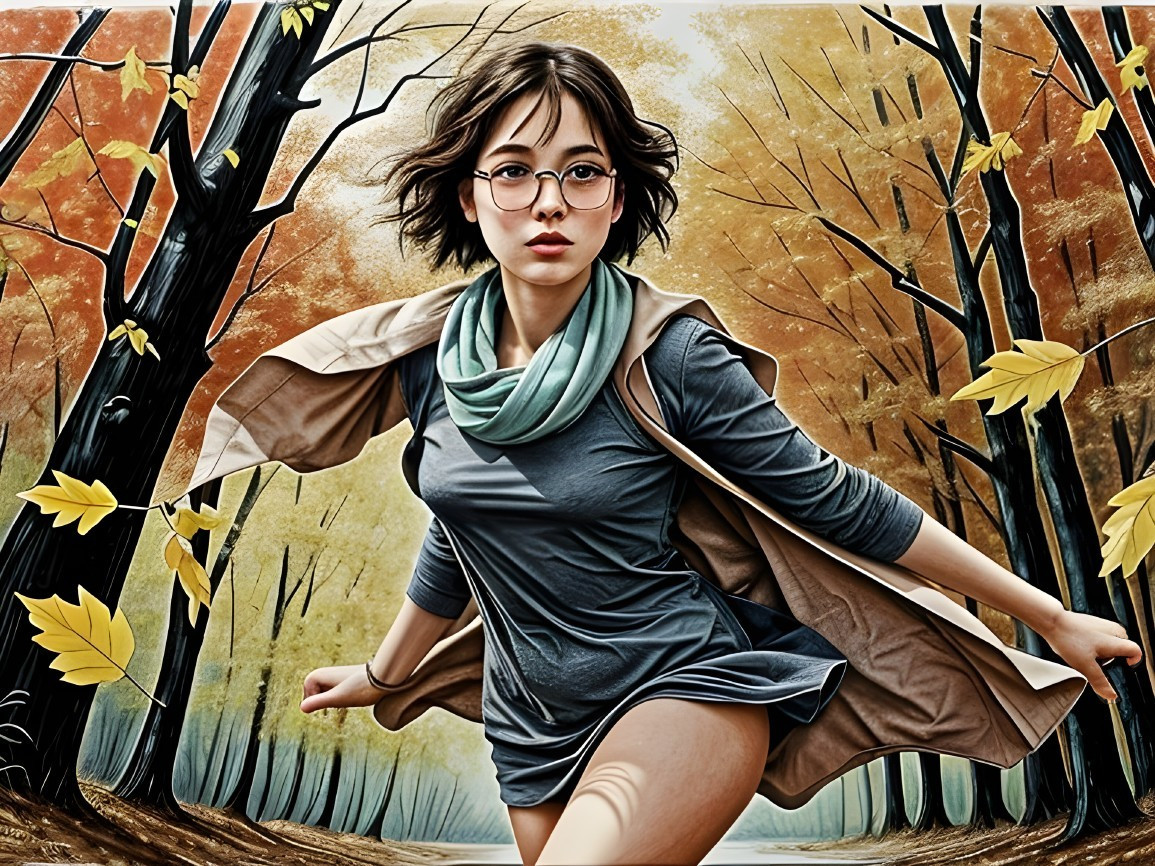 Young Woman Running in Autumn Forest Setting