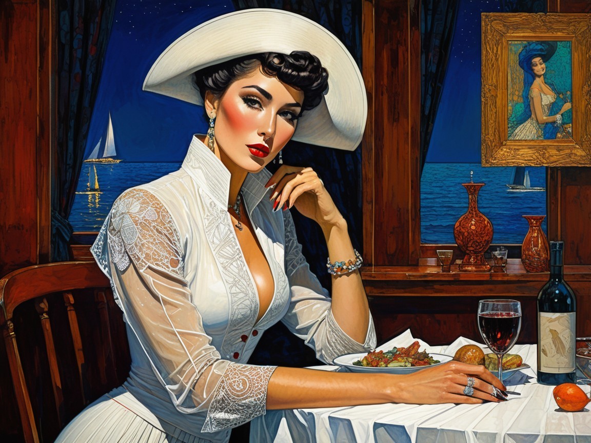 Glamorous Woman Dining with Ocean View and Candlelight