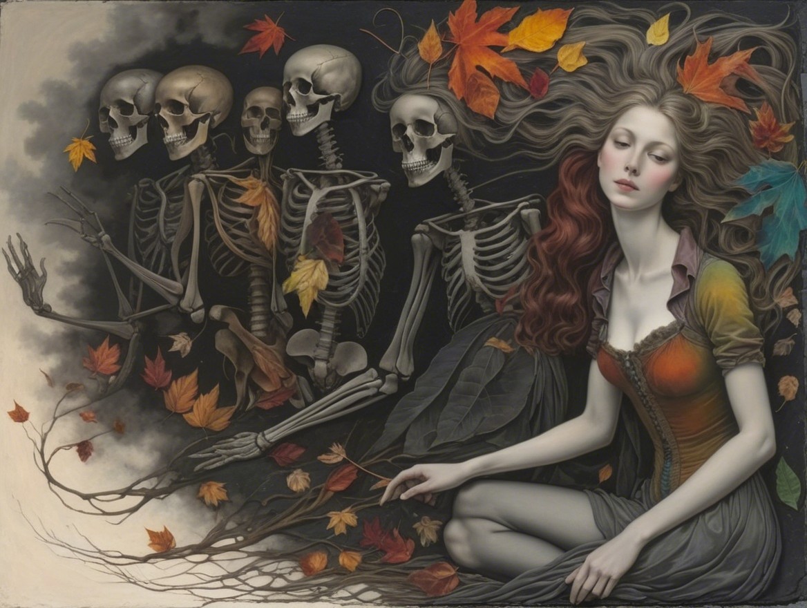 Serene Woman Surrounded by Autumn Leaves and Skeletons