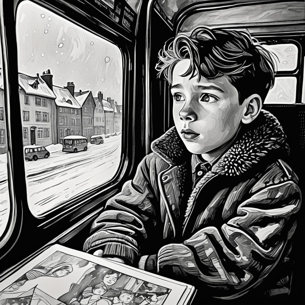 Boy in fur coat gazes out snowy bus window