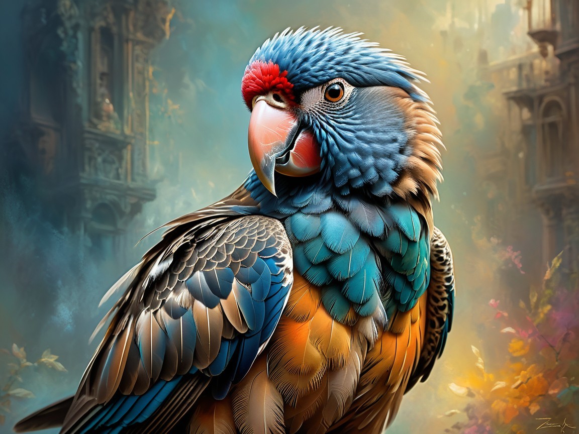 Vividly Colored Parrot Against Ethereal Background