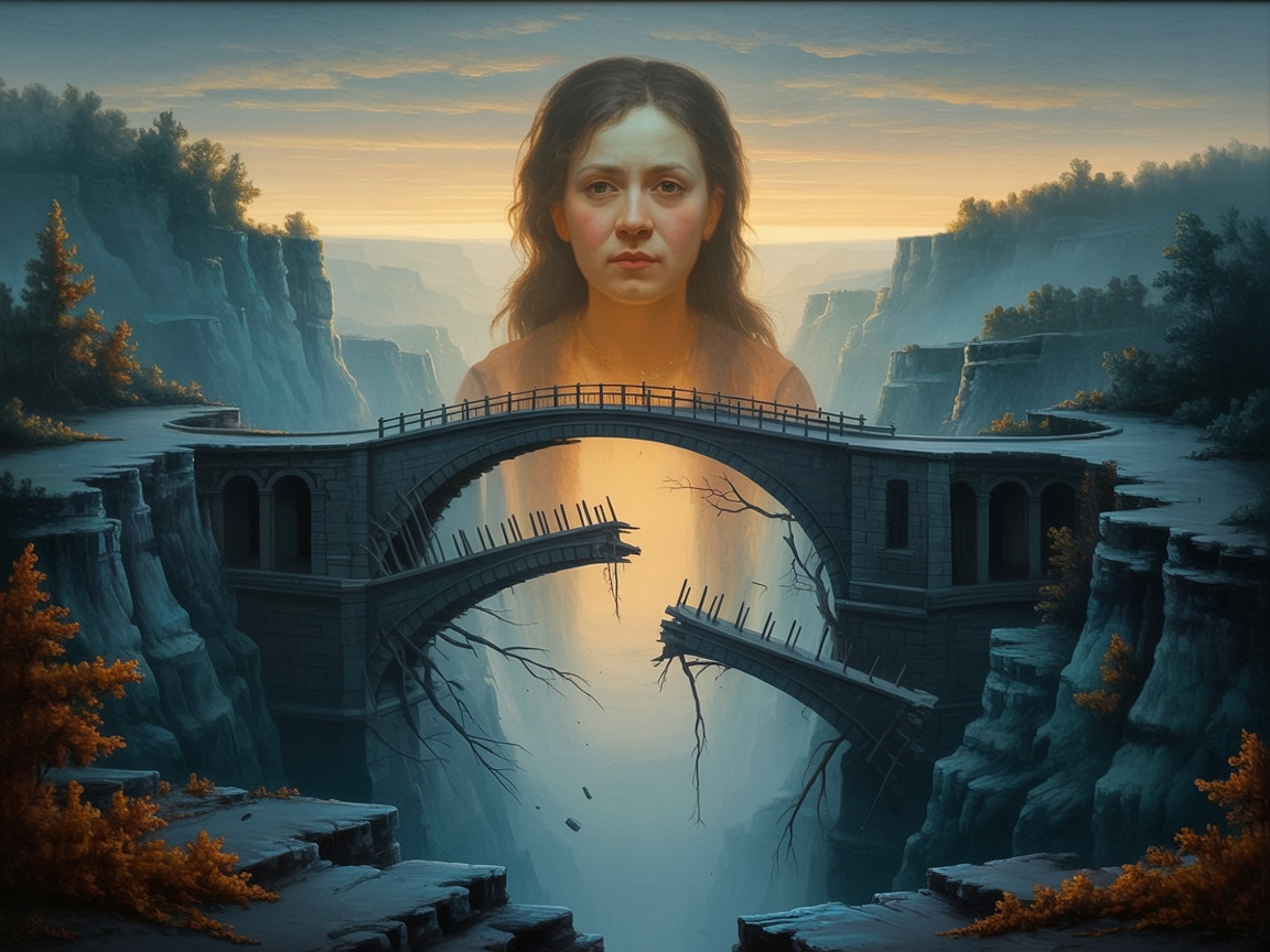 Surreal landscape with giant female face and bridge