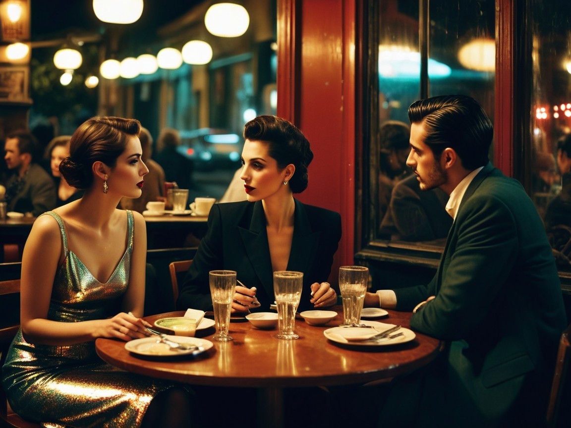 Stylish Individuals Engaged in Conversation at Café