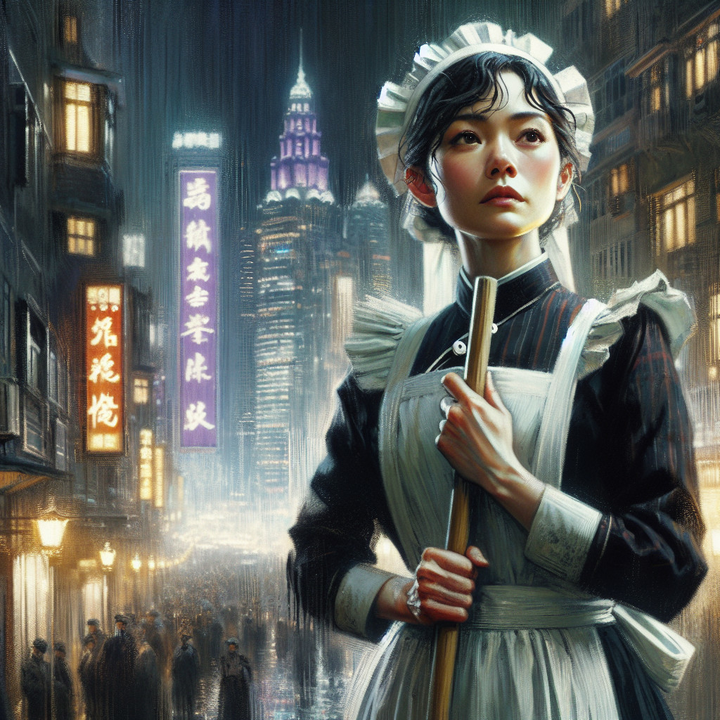 Young Woman in Vintage Attire in Night Cityscape