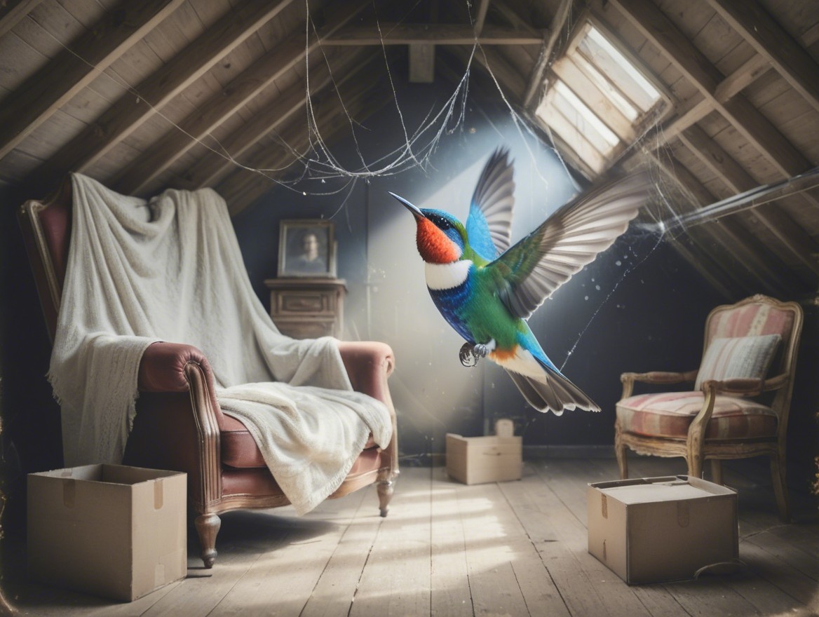 Hummingbird in Dusty Attic with Vintage Furniture