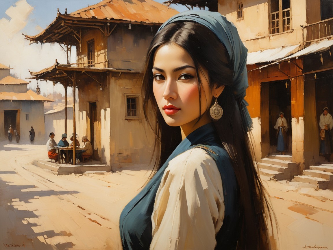Young woman in traditional outfit on rustic street