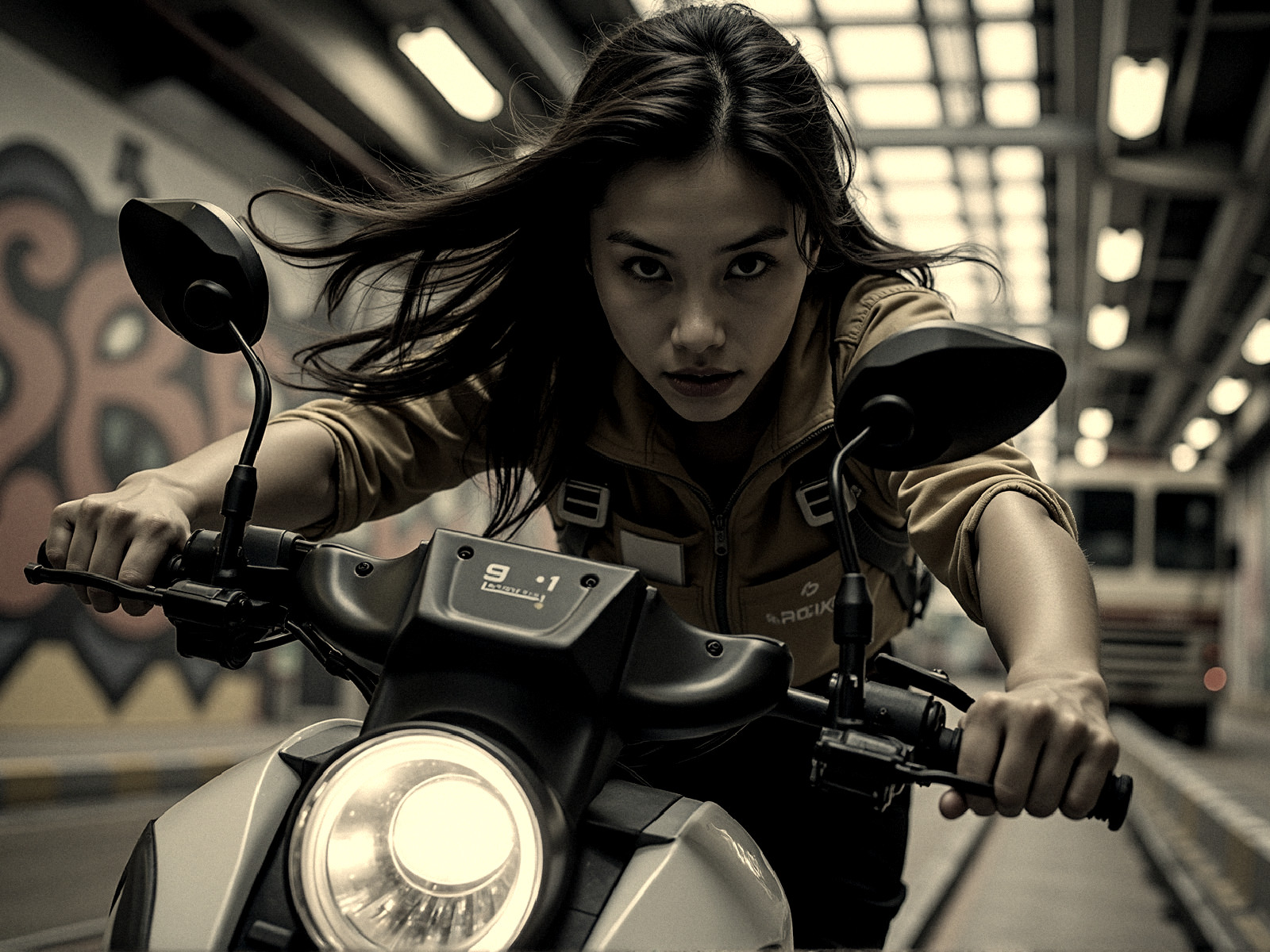 Woman Riding Motorcycle Through Urban Tunnel Scene